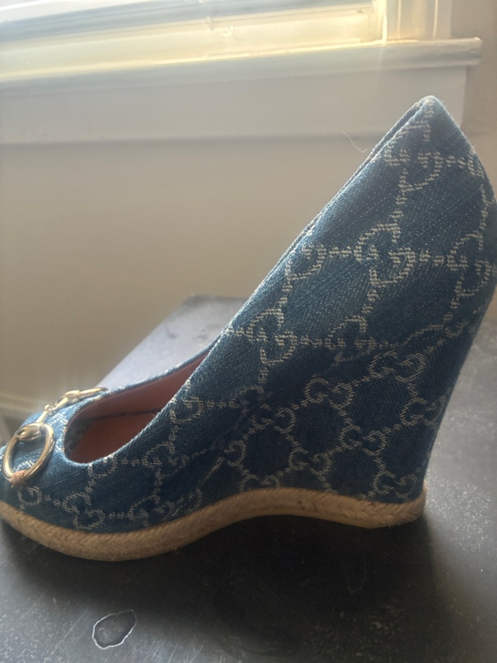Gucci GG Monogram Peep Toe Blue Denim Horsebit Espadrille Wedges 39 Vintage - Picture 7 of 13